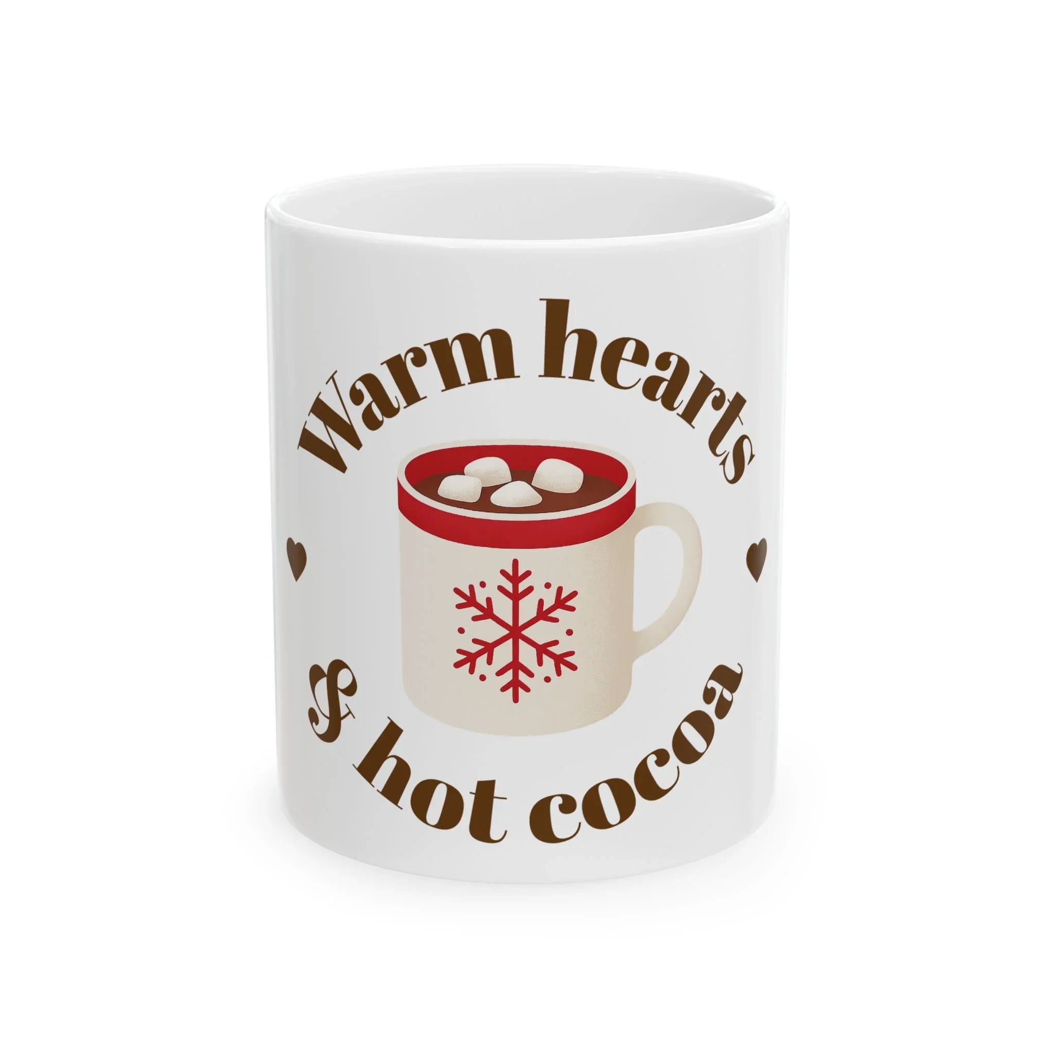 White ceramic mug with red snowflake design filled with hot cocoa and marshmallows, text Warm hearts & hot cocoa