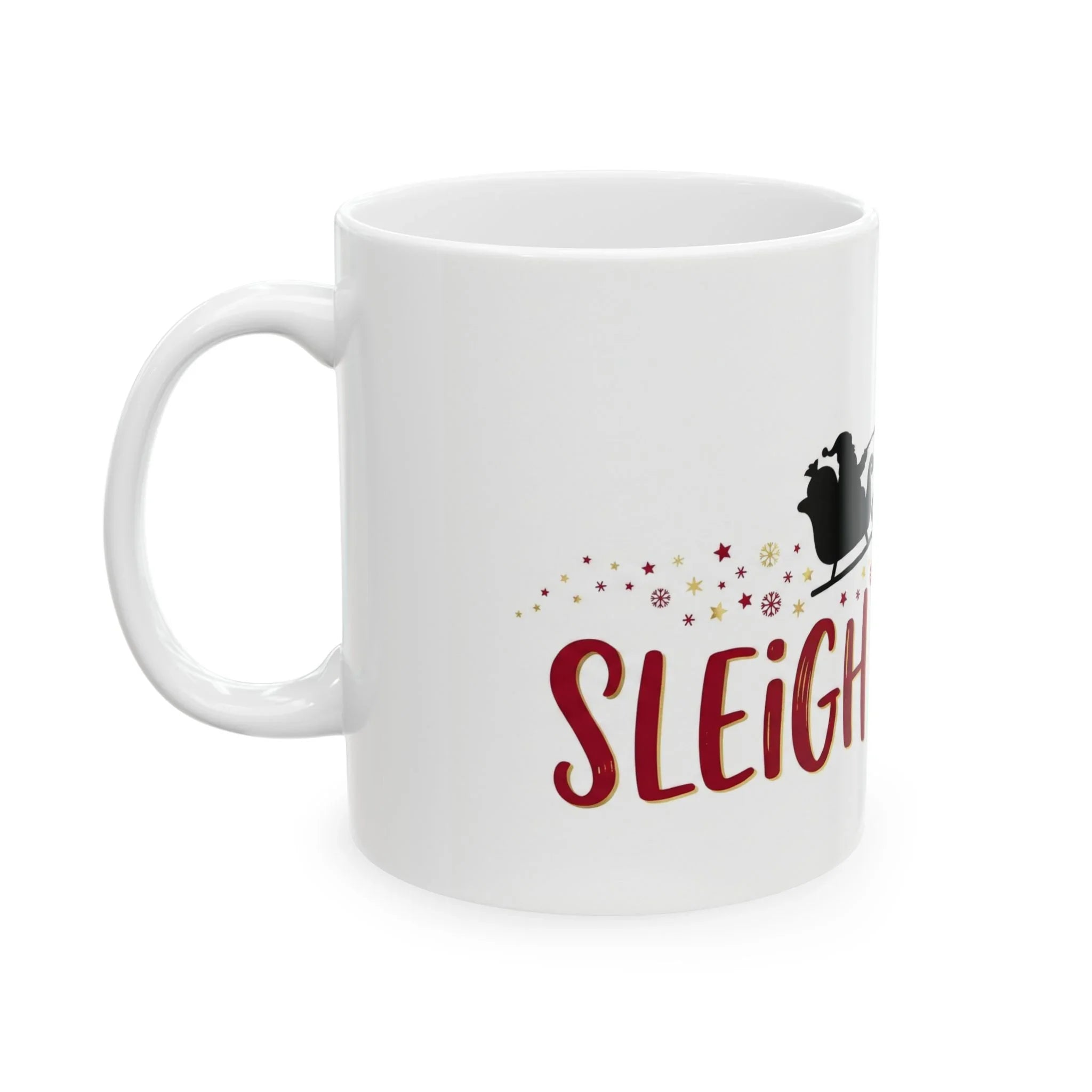 White mug with 'Sleigh' text and reindeer design on a white background