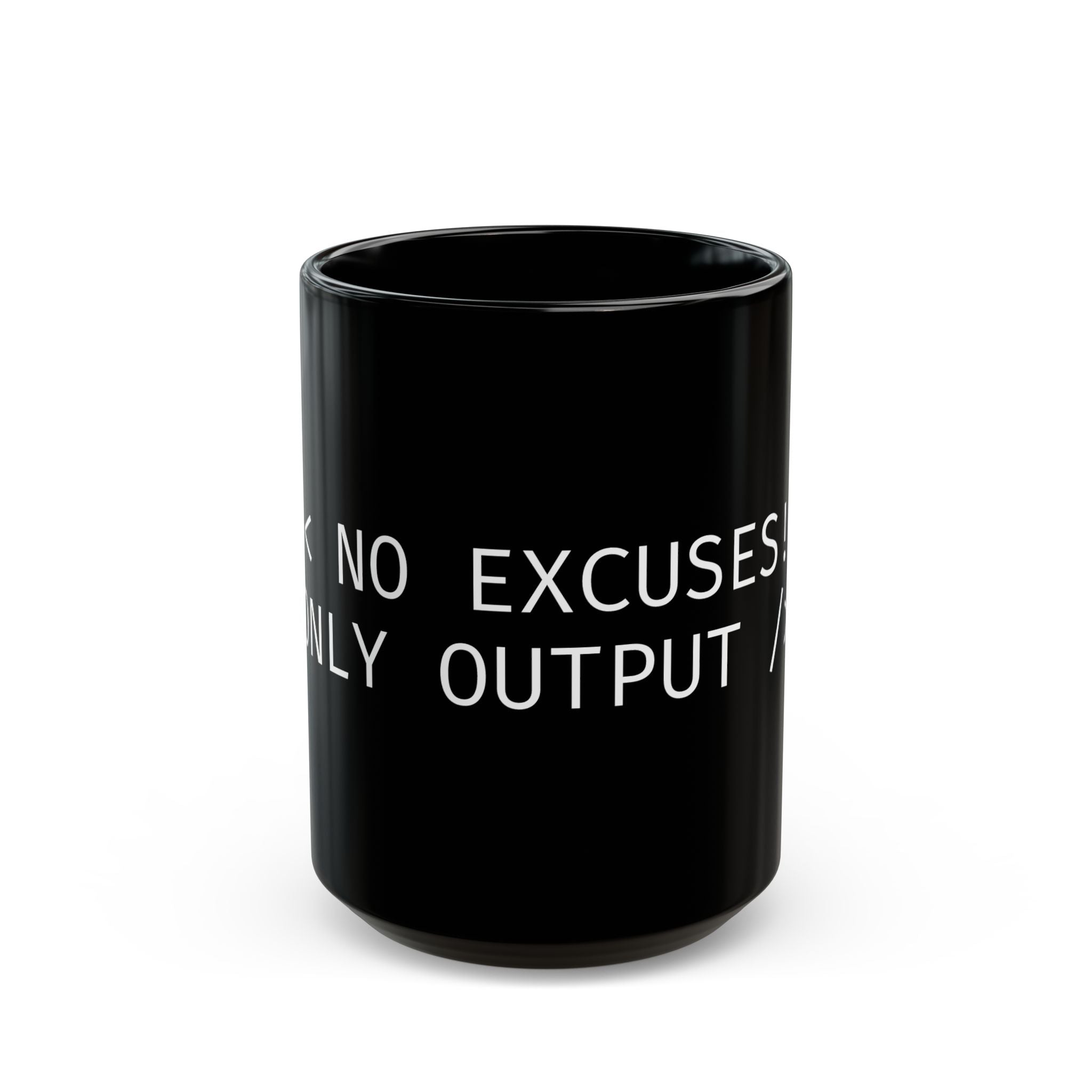 Black mug with motivational quote on a white background