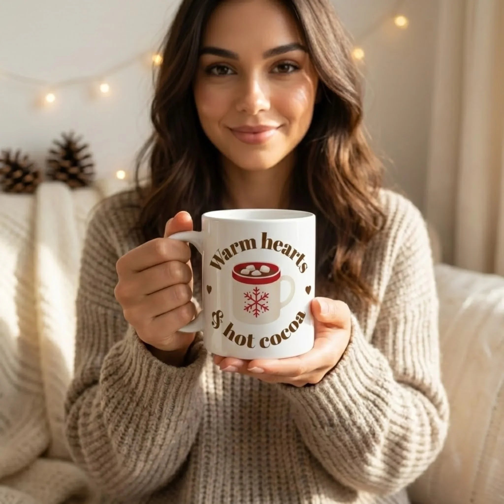 Woman in beige sweater holding white ceramic mug with hot cocoa design and text Warm hearts & hot cocoa