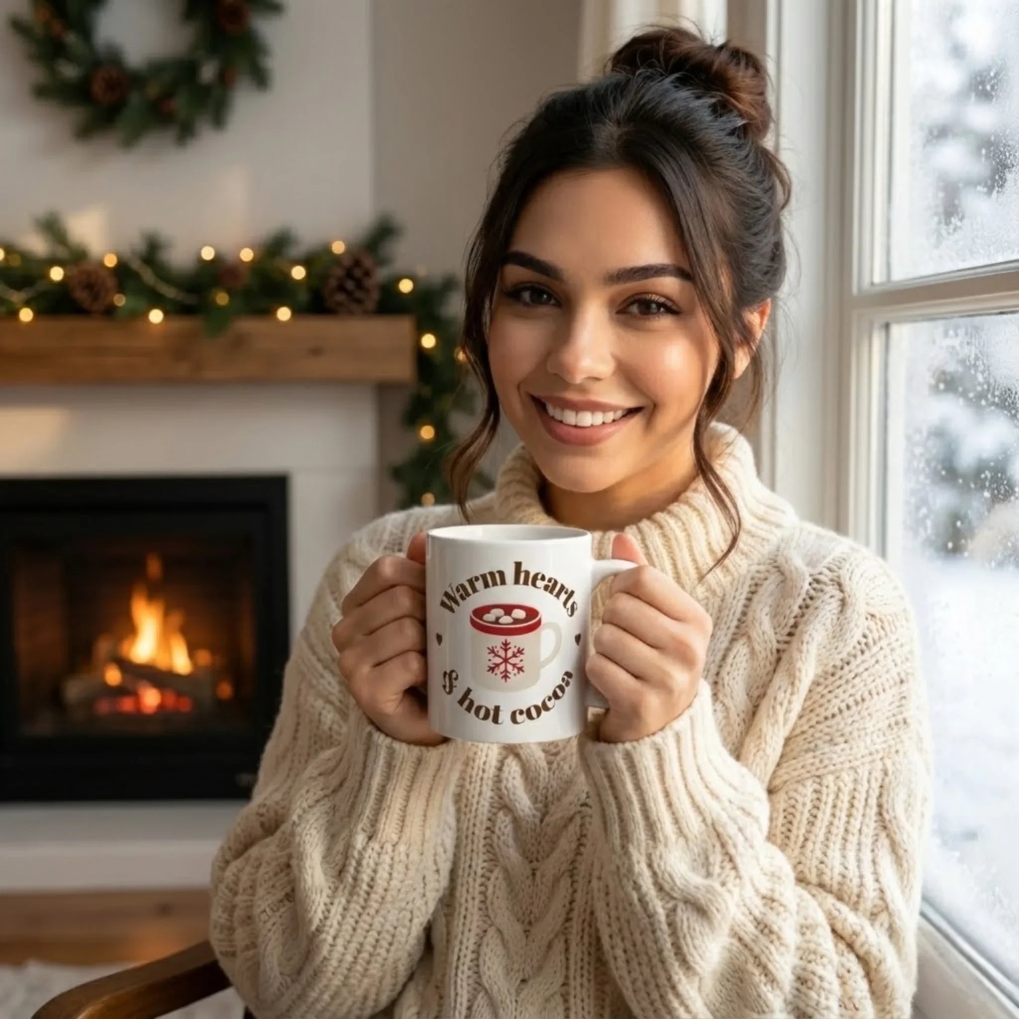 Smiling woman in cozy cream sweater holding white ceramic mug with hot cocoa design by window in winter setting