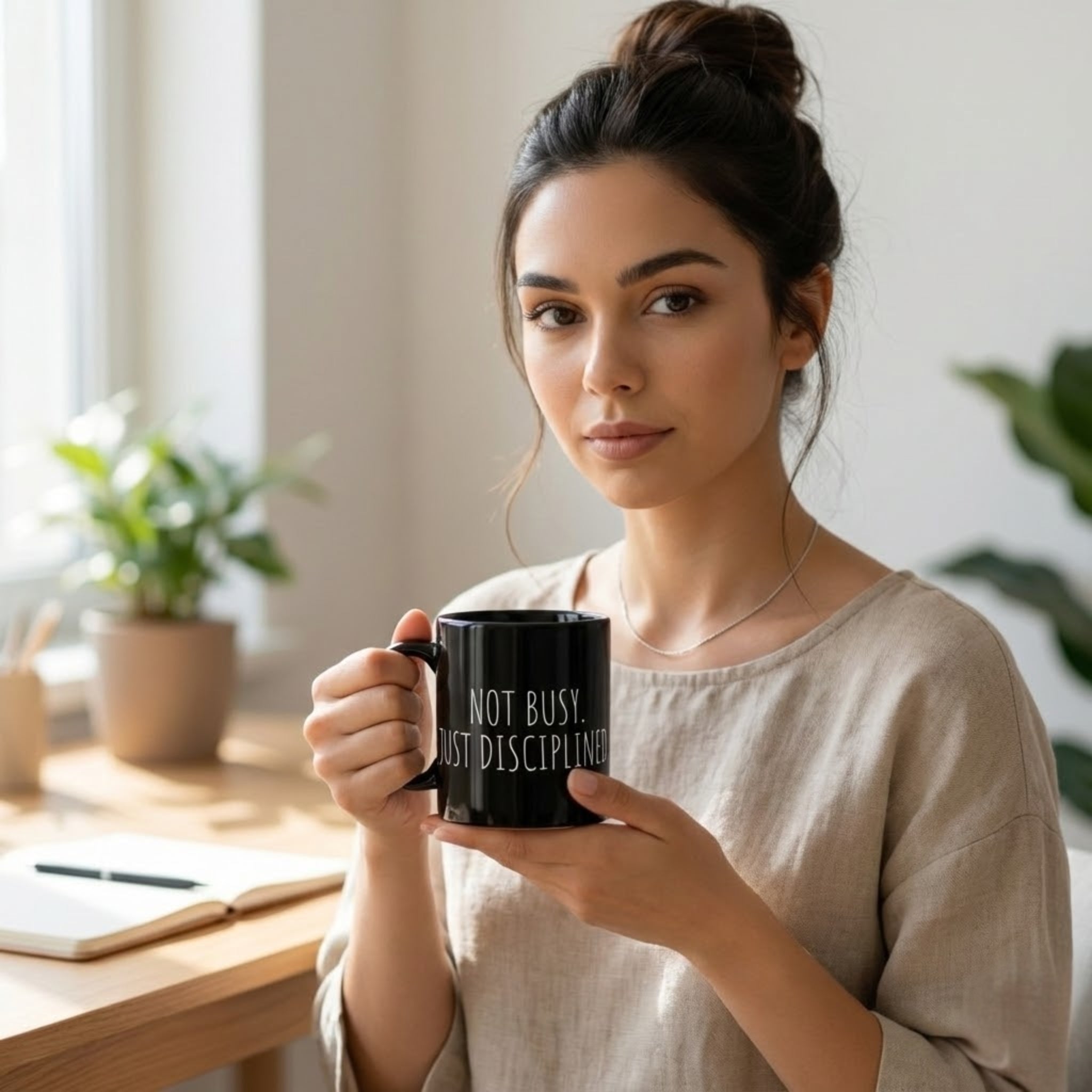 Woman holding a black mug with text in a home setting