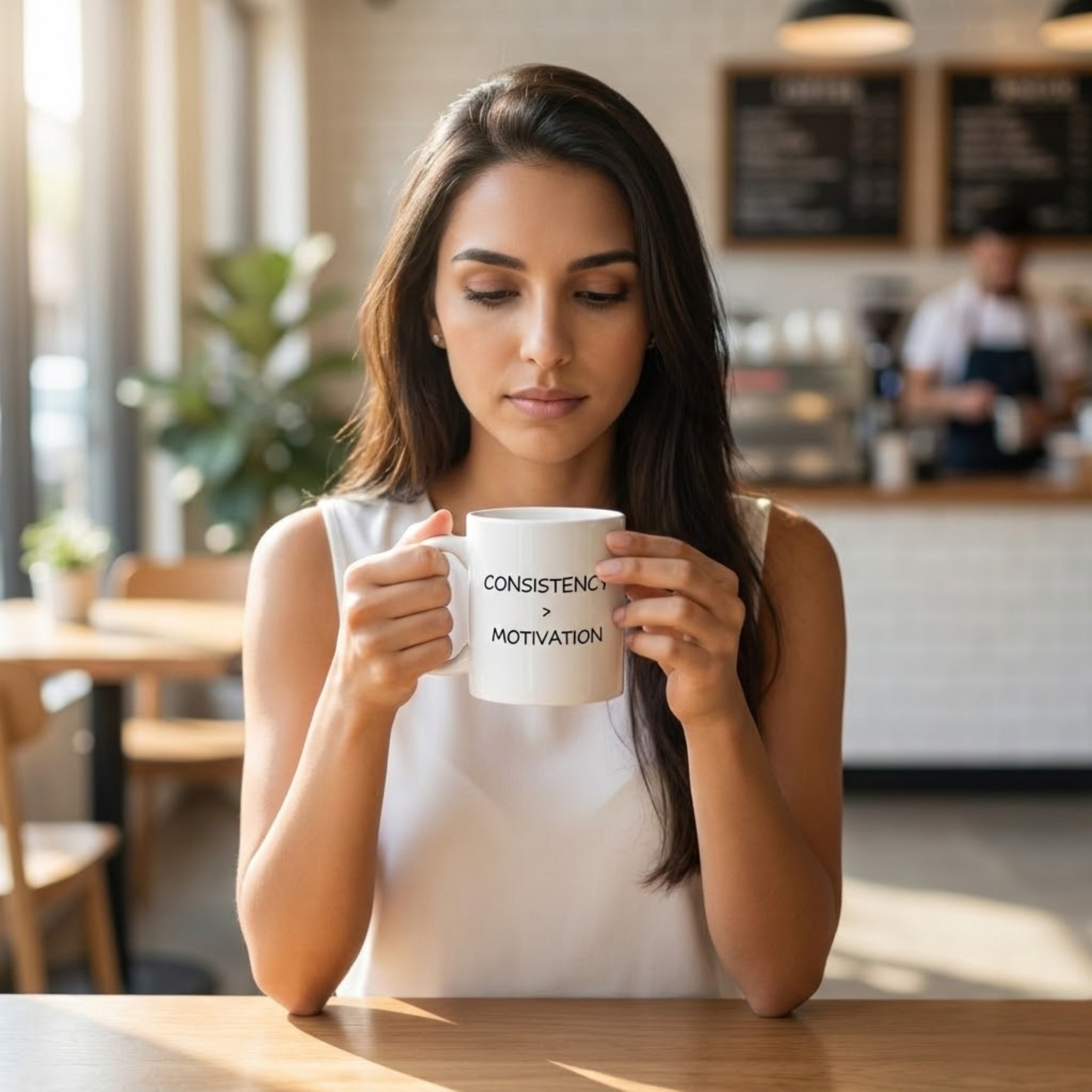 Woman holding a mug with 'CONSISTENCY = MOTIVATION' text in a cafe.