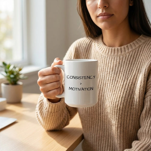 Person holding a mug with 'CONSISTENCY > MOTIVATION' text in a cozy indoor setting.