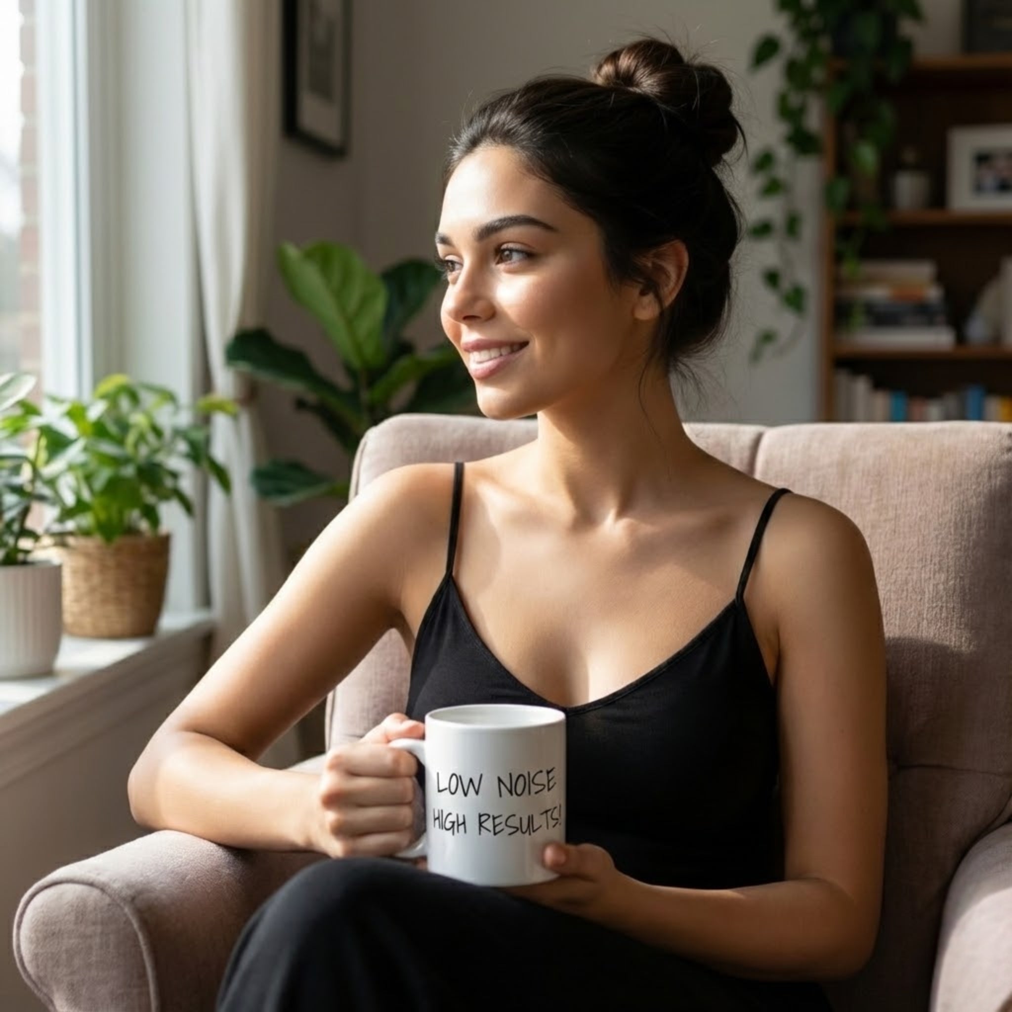 Woman sitting on a couch holding a mug with text, surrounded by plants and books.