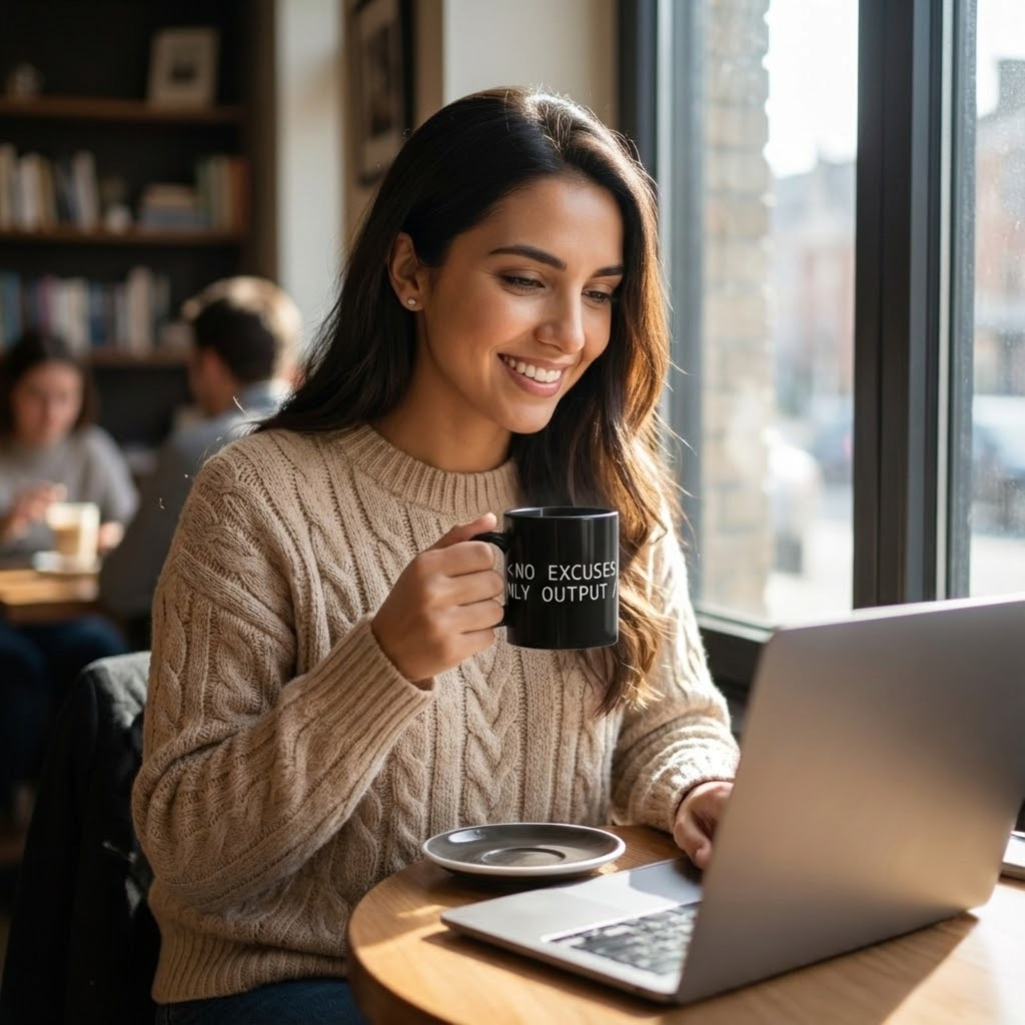 Woman in a cozy cafe holding a mug with text, using a laptop.