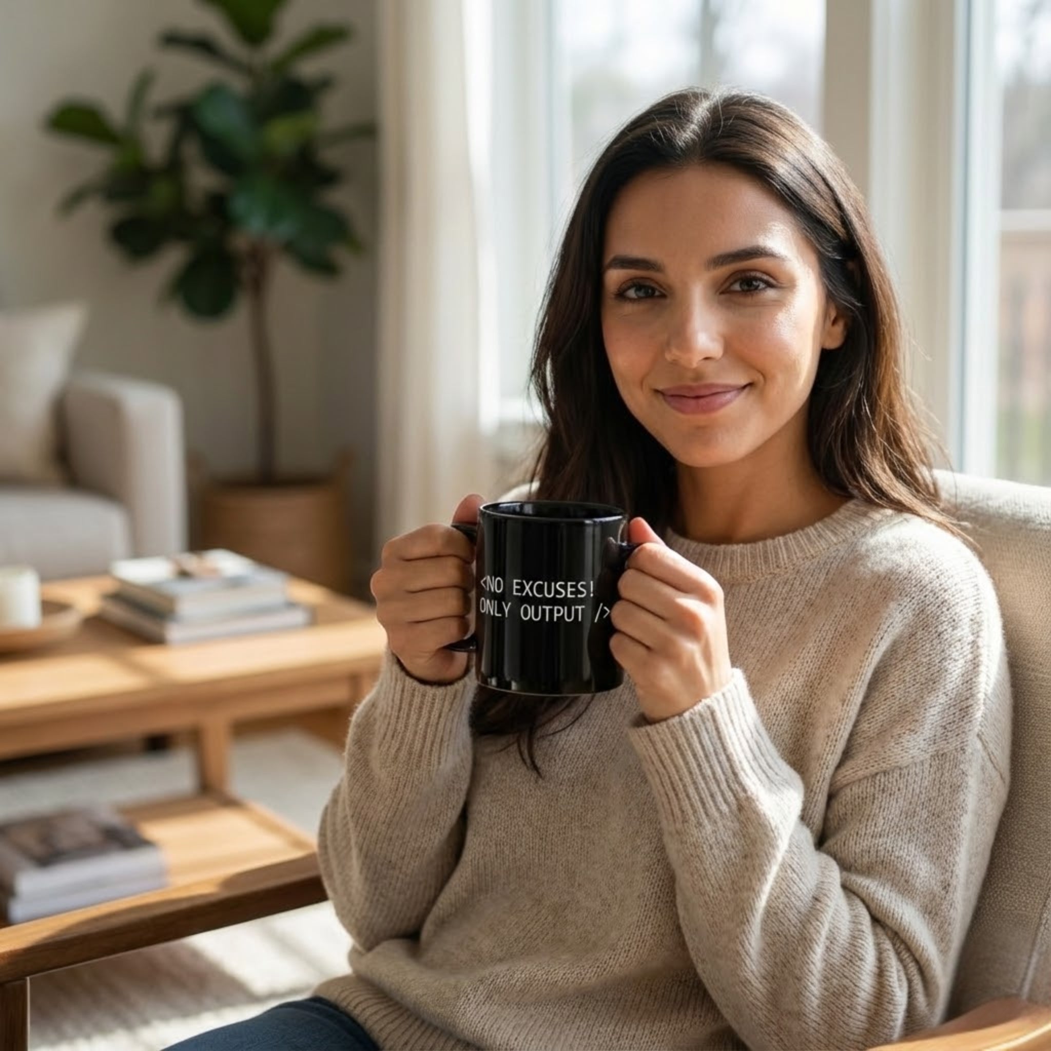 Woman holding a black mug with text in a cozy living room