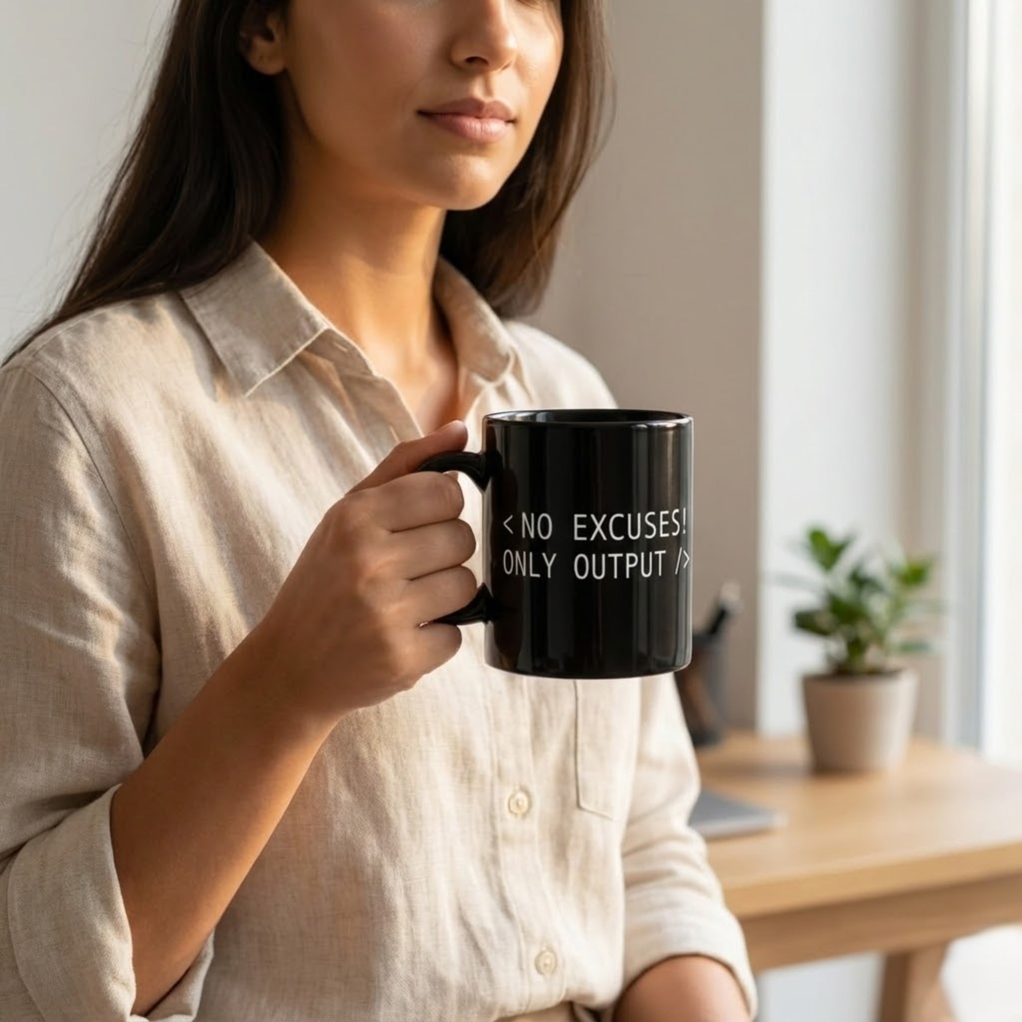 Person holding a black mug with text in a home office setting