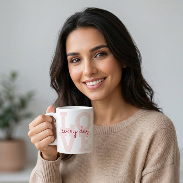 Smiling woman holding ceramic Akazion mug with 'LOVE every day' design in cozy home setting