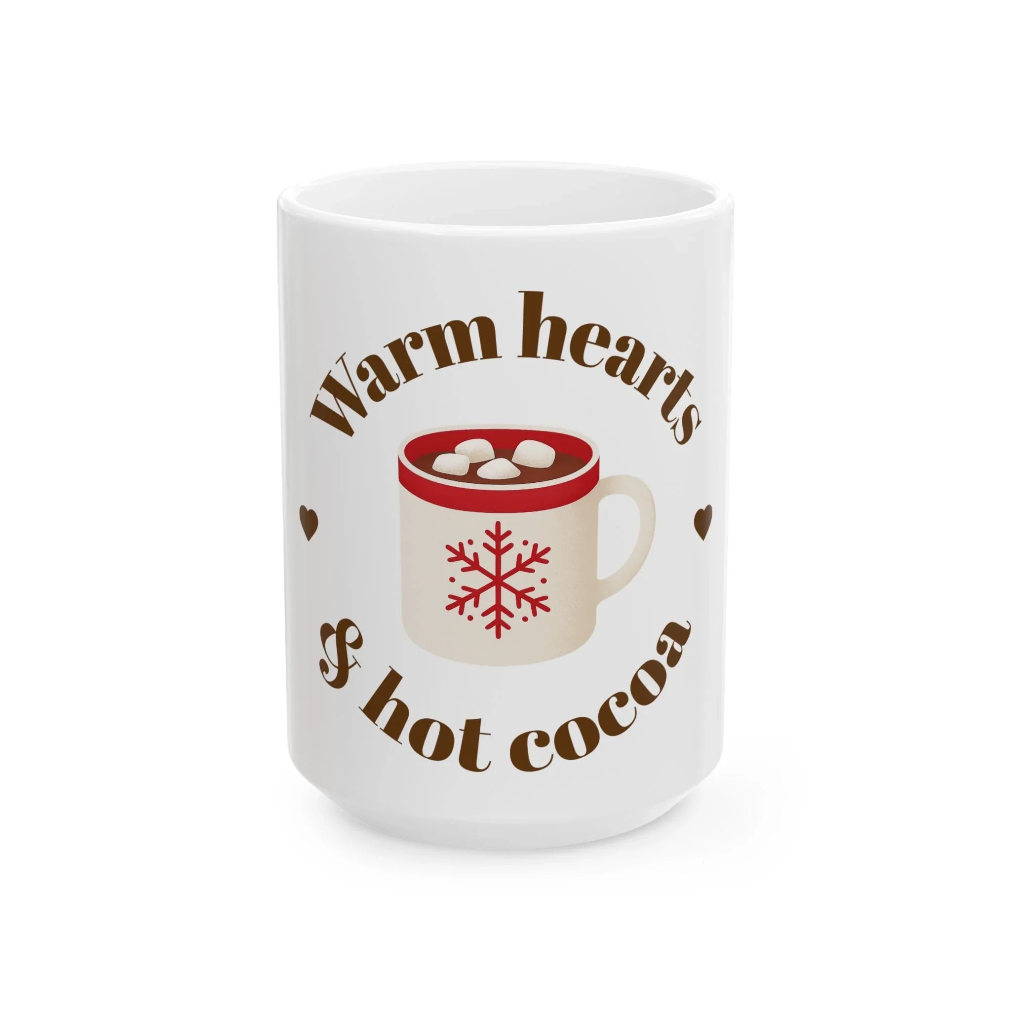 White ceramic mug with red snowflake design and text 'Warm hearts & hot cocoa' featuring hot cocoa with marshmallows