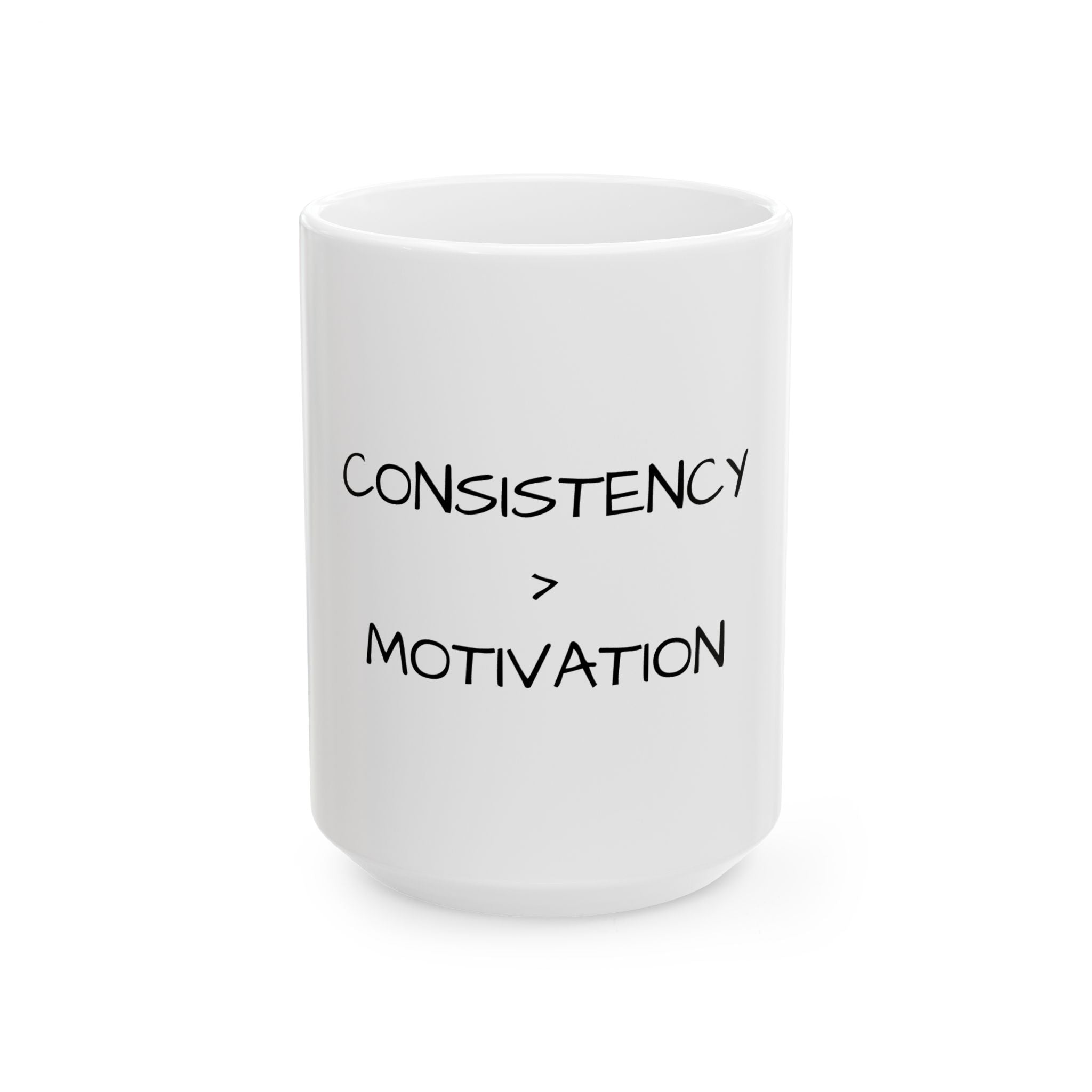 White mug with 'CONSISTENCY > MOTIVATION' text on a white background