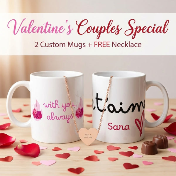 Valentine's Couples Special - 2 Custom Mugs + FREE Necklace