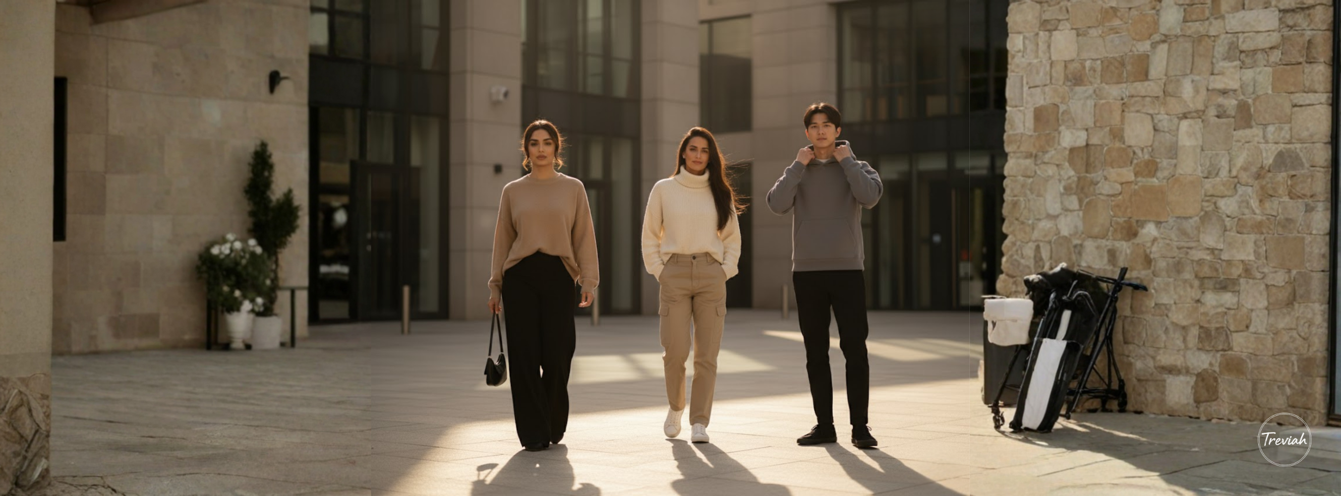 Three people walking together in a sunlit outdoor setting with a building in the background.